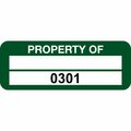 Lustre-Cal Property ID Label PROPERTY OF Polyester Green 2in x 0.75in 1 Blank Pad&Serialized 0301-0400,100PK 253744Pe2G0301